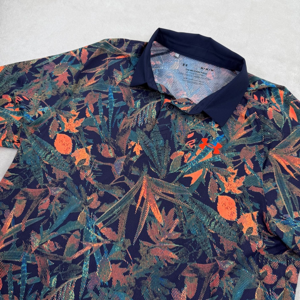 Under Armour Mens Iso-Chill‎ Golf Polo Shirt Tropical Palm Navy Orange 1383159 M